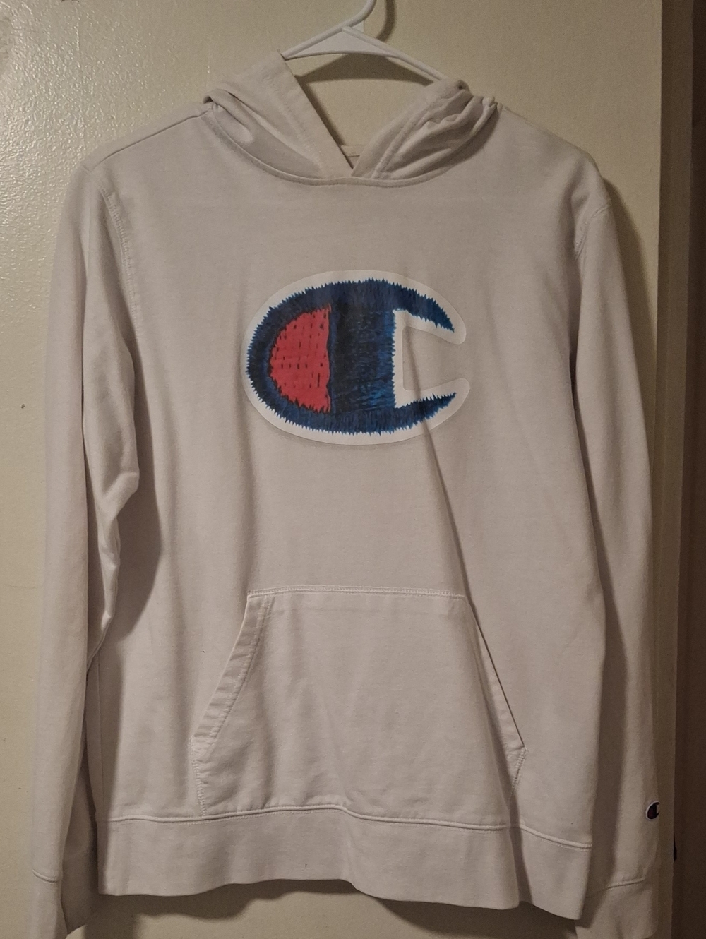 Champion Cream Hoodie with Red and Navy Logo